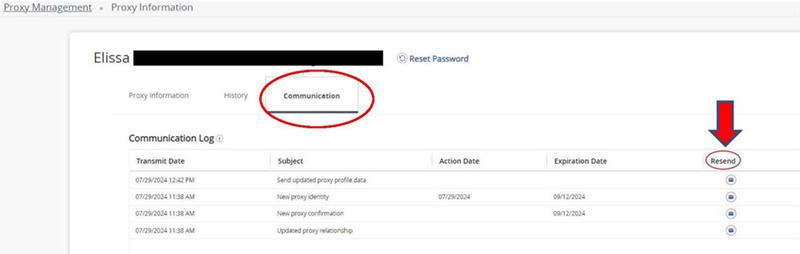 Screenshot of where the "resend" button is under the Communication tab.