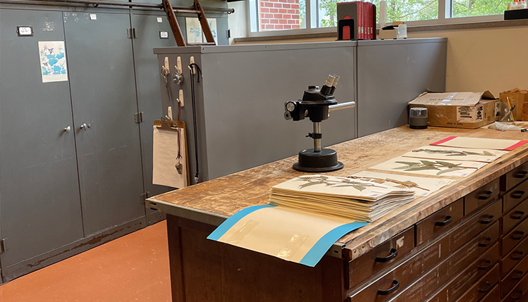 Desk with microscope and plant information books on it