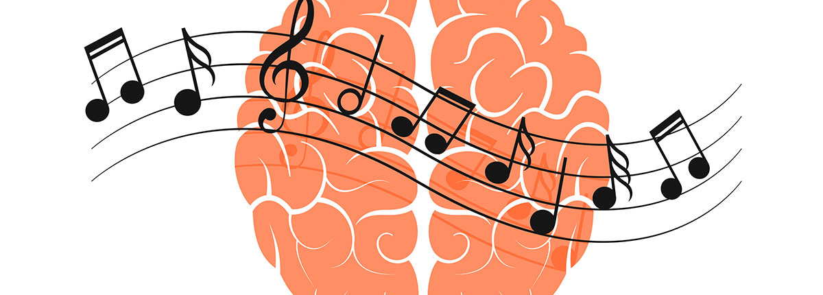 Music and Wellness image of music notes and a vector image of a human brain